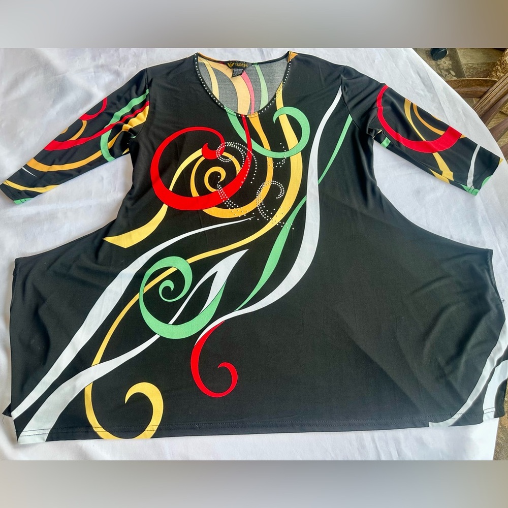 Valentina Black Midi Dress with Red, Yellow & Green Swirl Print